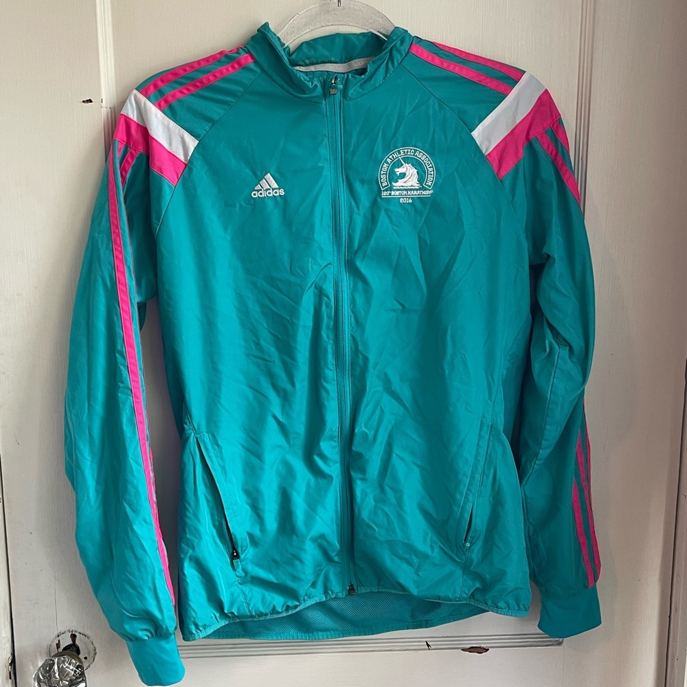 Adidas Aqua Jacket with White Boston Marathon Emblem & Hot Pink accents!